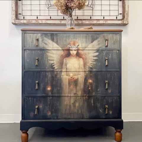 Finished painted chest with angel artwork